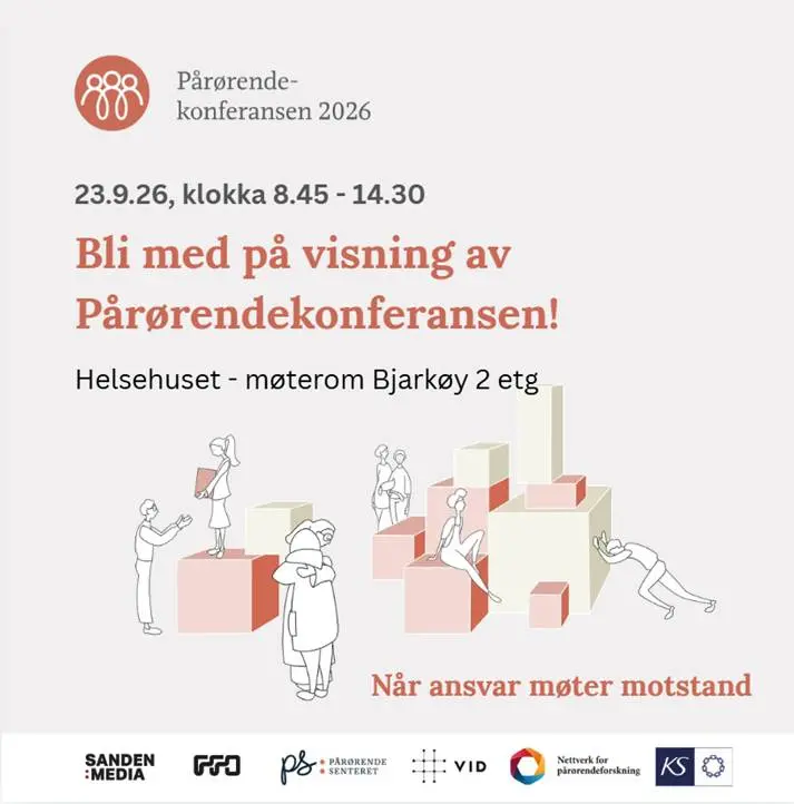 "Pårørende- konferansen 2026" og "Når ansvar møter motstand". Illustrasjon av stiliserte figurer foran en rød bygning.